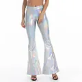 High-waisted silver holographic bell-bottom pants with shiny metallic flared legs for women - S / Bottoms / Laser Silver