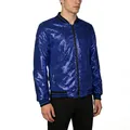 Men's fashion blue sequin bomber jacket featuring striped ribbing and stand collar - Sapphire Blue