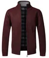 Casual men's knitted zip-up cardigan sweater in burgundy marl with plaid lining - Burgundy