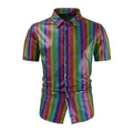 Close-up of vibrant rainbow metallic grid pattern on a men's button-down shirt - S / Dark Striped Sleeves - 1