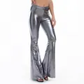 Women's metallic silver flare pants with a slim fit and shiny liquid look finish - S / Bottoms / Gray
