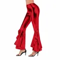 Shiny red metallic faux leather flared bell bottom pants with stylish ruffle hem - S / Bottoms / Red