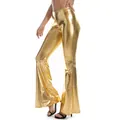 Shiny metallic gold high-waisted flare pants with a slim-fit bell bottom design - S / Bottoms / Yellow