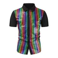 Detailed macro shot of a men's short-sleeve shirt with vibrant rainbow sequin panels. - S / Dark Striped Black Sleeve 2