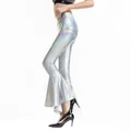 Shiny holographic high waisted flare pants in metallic silver finish for women - S / Bottoms / Laser Silver