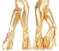 Sexy metallic champagne gold flared leggings with tiered side ruffles for stage wear - S / Bottoms / Gold