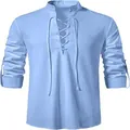 Vooraanzicht van een lichtblauw katoen-linnen Henley-shirt voor heren met vetersluiting - Lichtblauw