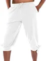 Detailansicht der weißen mittelalterlichen Baumwoll-Leinenhose für Herren mit Knöchelbändern - M / Unterteile / Caprihose / Weiß