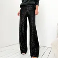 Elegant black sequin wide-leg pants for women, perfect for festive parties and evening events. - S / Black