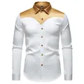 Dettaglio camicia in raso da uomo con inserto dorato e bottoni a contrasto elegante - Taglia S / Top / Bianco