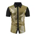Detail view of gold metallic square sequin pattern on men's black short sleeve shirt - S / Yellow