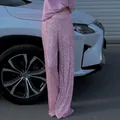 Women's glamorous pink sequin straight-leg pants for fashion party and evening wear - S / Pink