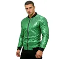 Stylish men's green sequin bomber jacket with contrast black collar and cuffs for party - Green