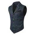 Macro view of blue paisley jacquard suit vest for men showing lapel and button detail. - M / Tops / Navy Blue