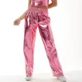 Detail view of pink metallic patent leather trousers for hip-hop party street style - S / Bottoms / Pink