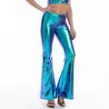 Pantaloni a zampa d'elefante olografici lucidi da donna con sfumatura blu-viola e vestibilità slim - Blu Laser