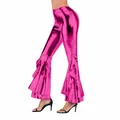 Shiny metallic pink flare pants with layered ruffles and slim fit faux leather design. - Rose Red