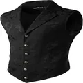 Close-up of vintage black brocade Gothic vest featuring intricate patterns and metal buttons - S / Tops / Black