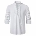 Chemise Henley en coton et lin pour homme avec col officier et laçage blanc - S / Hauts / Blanc