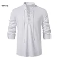 Men's cotton linen Henley shirt with lace-up V-neck and stand collar in white - S / Tops / White