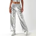 Detail view of metallic silver wide-leg pants featuring a shiny holographic finish - S / Bottoms / Silver
