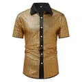 Front view detail of a gold checkered metallic men's short sleeve shirt with black collar - S / Tops / Gold