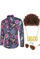 Heren disco kostuumset jaren 70 met bloemenhemd, afro pruik, gouden ketting en zonnebril - S / Tops / 4-delige set / Paars