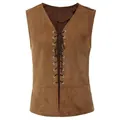 Vue détaillée du gilet médiéval à lacets en suédine marron pour costumes d'hommes. - S / Hauts / Jaune Terre