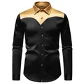 Elegante camicia in raso da uomo con audace design bicolore nero e oro a maniche lunghe - Taglia S / Top / Nero