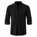Chemise Henley en coton et lin noir pour homme avec laçage hippie et col montant - S / Hauts / Noir