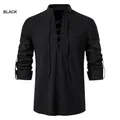 Men's casual black cotton linen Henley shirt with hippie lace-up stand collar design - S / Tops / Black