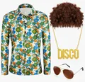 Heren disco kostuumset jaren 70 met bloemenhemd, afro-pruik, gouden ketting en zonnebril - S / Tops / 4-delige set / Groen