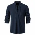 Chemise Henley décontractée en coton et lin bleu marine à lacets pour homme - S / Hauts / Bleu marine