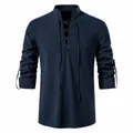 Casual navy blue cotton linen Henley shirt with lace-up neckline for men - S / Navy Blue