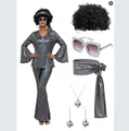 Set de disfraz disco años 70 para mujer con traje brillante, peluca afro y joyas - S / Top Y Pantalón / Púrpura Iridiscente