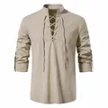 Chemise Henley en coton et lin kaki pour hommes avec col officier et lacets frontaux - S / Hauts / Kaki