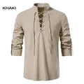 Men's khaki cotton linen lace-up Henley shirt featuring a stand collar and long sleeves - S / Tops / Khaki