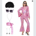 Set costume da discoteca anni '70 per donna con top rosa, pantaloni a zampa e accessori - Motivo Rosa
