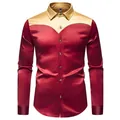 Vista dettagliata della lussuosa camicia da uomo in raso di seta bicolore rosso e oro - Taglia S / Top / Borgogna