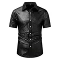 Macro detail of men's black shiny grid short sleeve button-up shirt - S / Tops / Black
