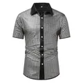 Men's silver checkered shiny short sleeve button-down shirt for cosplay and parties. - S / Tops / Silver