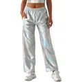 Shining metallic silver holographic baggy streetwear pants for hip hop party fashion - Iridescent White