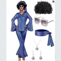Disfraz disco de mujer años 70 con conjunto azul brillante y accesorios de fiesta - S / Top Y Pantalón / Azul Irisado