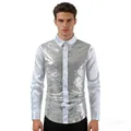 Men's stylish silver sequin button-up shirt with shiny satin sleeves for party performance - White