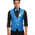 Detail view of men's sparkling blue sequin vest set with matching bow tie for stage - S / Tops / Blue
