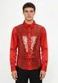 Front view of men's red long sleeve shirt featuring shimmering sequins for stage dance - M / Tops / Red