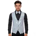 Detail showing men's sparkling iridescent white sequin vest with a matching bow tie. - Silver