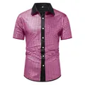 High-quality close-up of pink shiny grid pattern on men's short-sleeve party shirt. - Purple