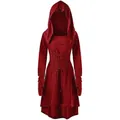 Detail of a red hooded lace-up long sleeve dress for women's festival or cosplay - S / Dresses / Red