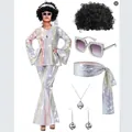 Costume disco anni '70 con abito argento, parrucca afro e gioielli da discoteca - Laser Argento
